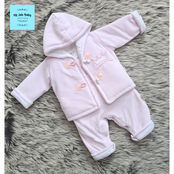 Traditional Baby Girls Pink Velour Dungaree & Jacket Set - 6-12m NON RETURNABLE