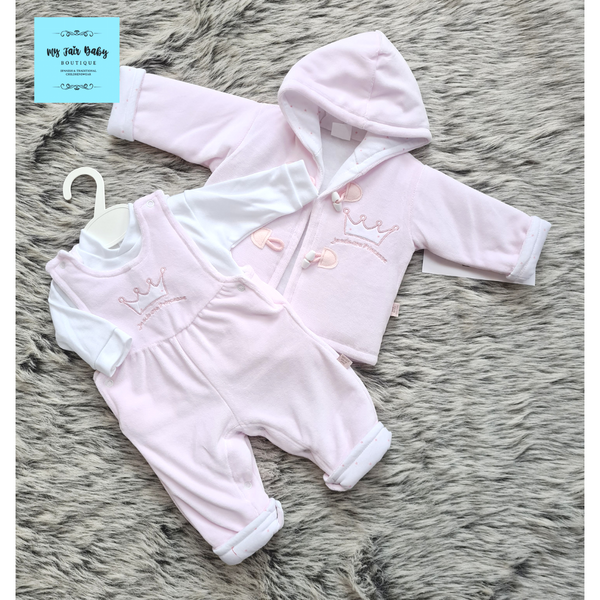 Traditional Baby Girls Pink Velour Dungaree & Jacket Set - 6-12m NON RETURNABLE