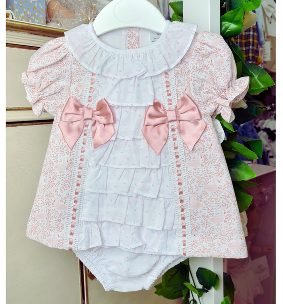 Spanish Baby Girls Pink Swan Print Dress & Pants - 12m