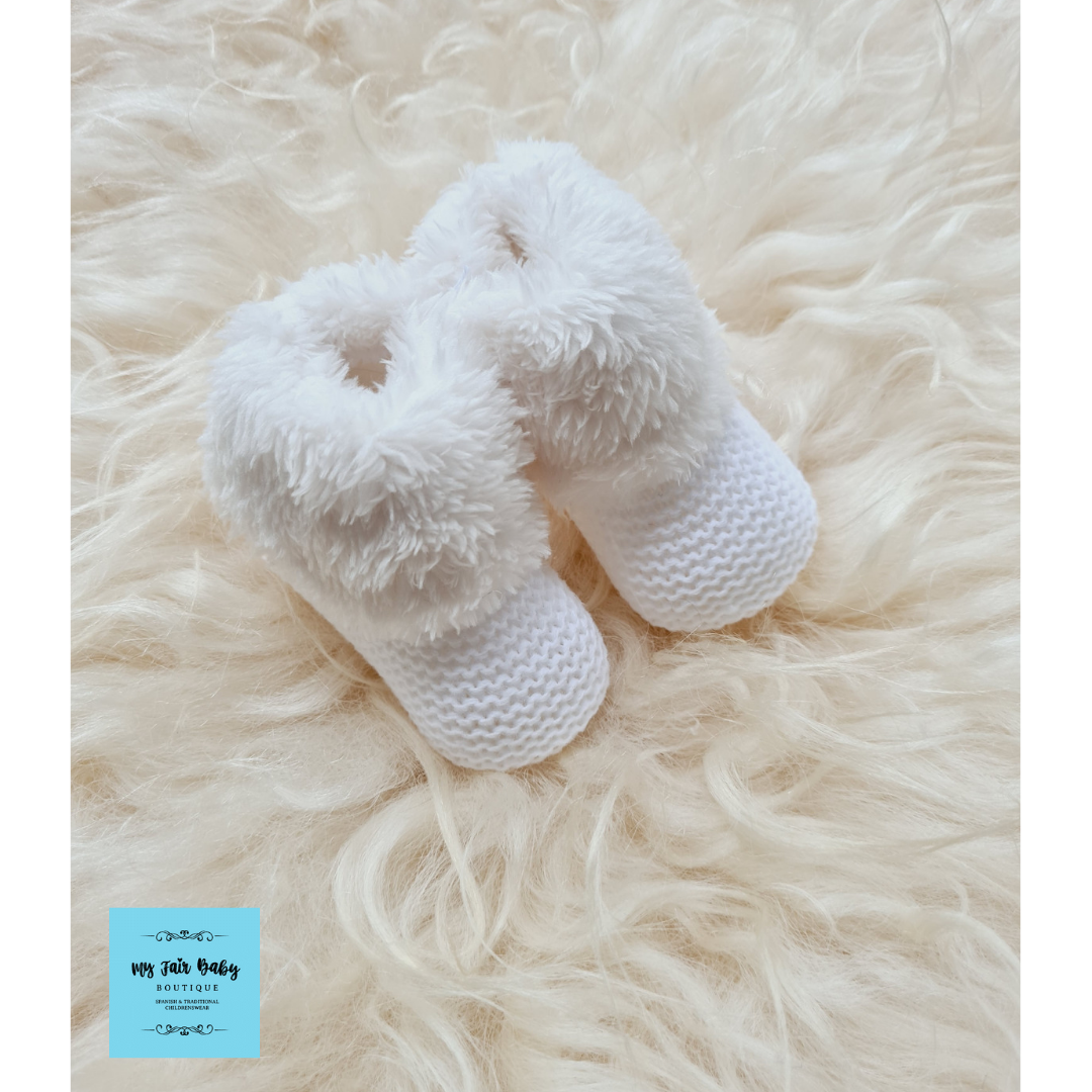 Traditional Baby Fur Trimmed Knitted Booties - 0-3m