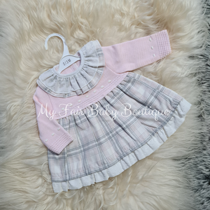 Spanish Baby Girls Pink Tartan Half Knit Dress - 3-6m