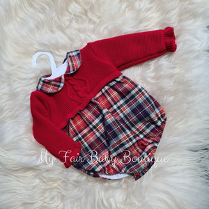 Traditional Baby Boys Red Tartan Half Knit Romper - NB