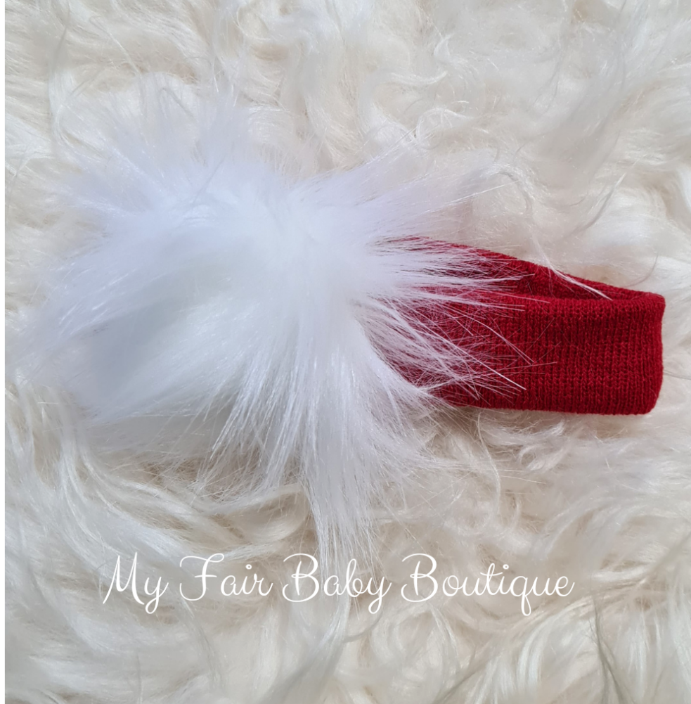 Faux Fur Red & White Pom Pom Headband/Earwarmer