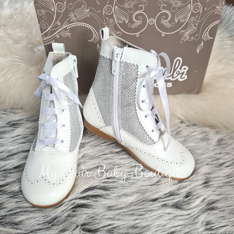 Spanish Bambi Girls White Patent Leather Glitter Boots