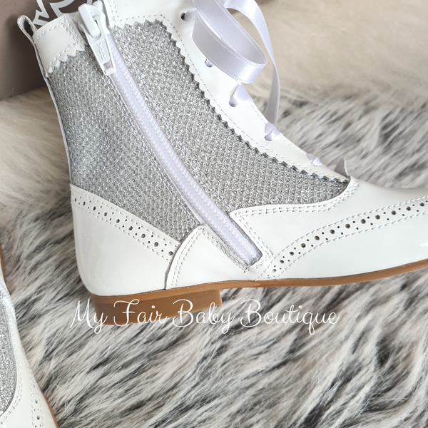 Spanish Bambi Girls White Patent Leather Glitter Boots - NON RETURNABLE