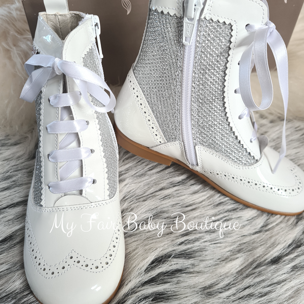 Spanish Bambi Girls White Patent Leather Glitter Boots - NON RETURNABLE