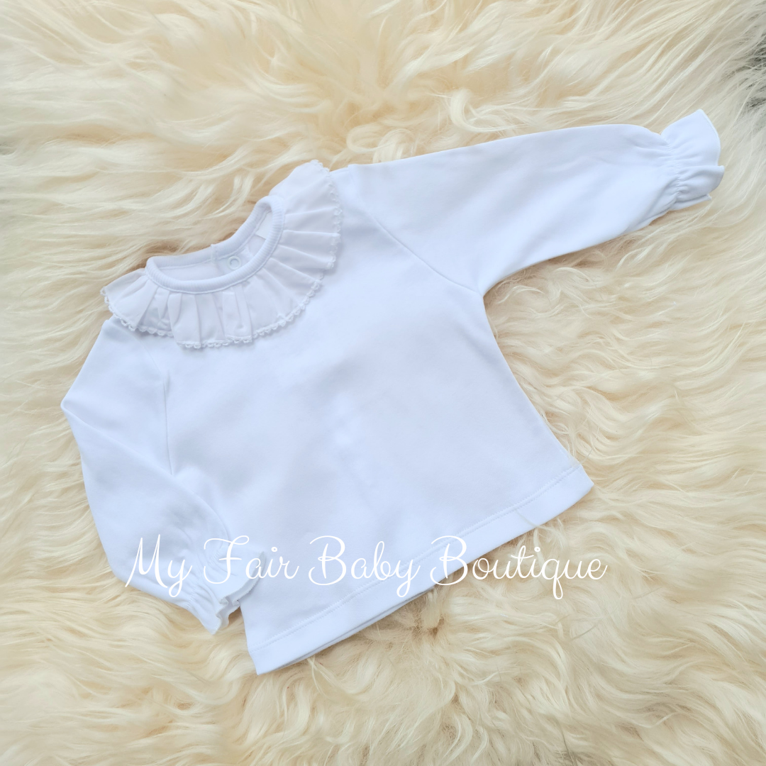 Traditional Baby Girls White Long Sleeved Frilly Jersey Top - 6m