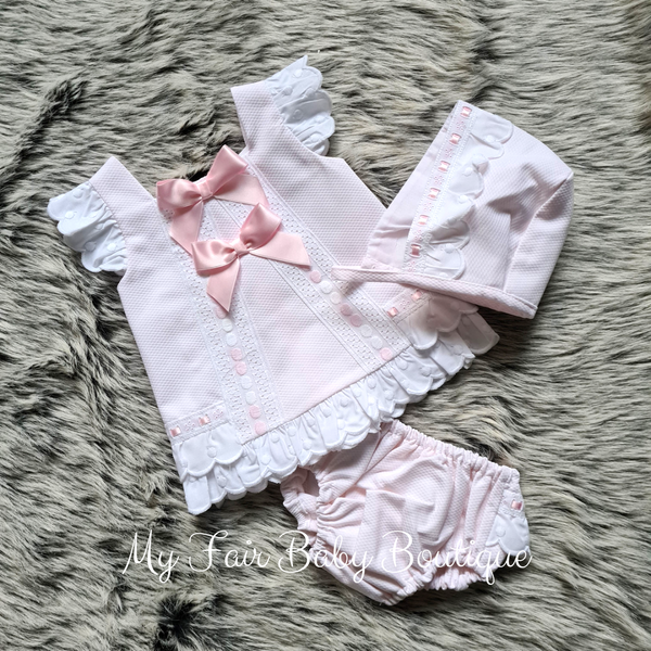 Wee Me SS22 Spanish Baby Girls Pink Waffle Dress Set