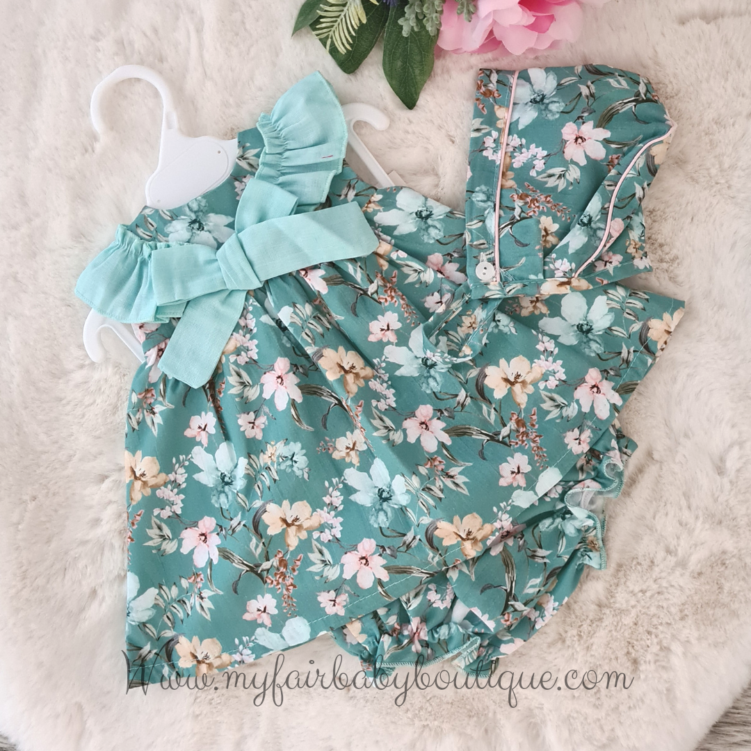 Spanish SS22 Baby Girls Green Floral Dress Set 22120 - 3,6m