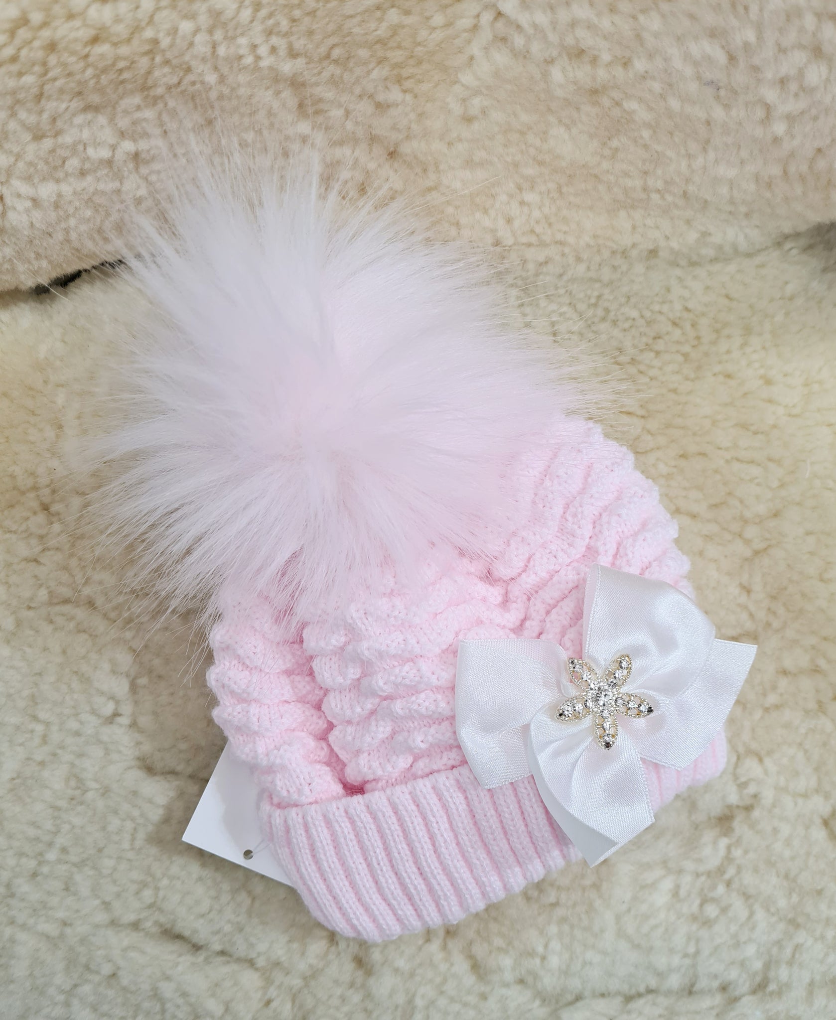 Traditional Baby Girls Pink Ripple Bow Faux Fur Pom Pom Hat - 3-6m