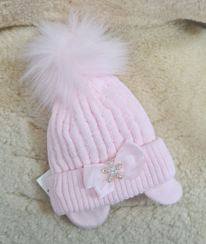 Luxury Pink Baby Girls Knitted Faux Fur Pom Pom Hat - 3-6m