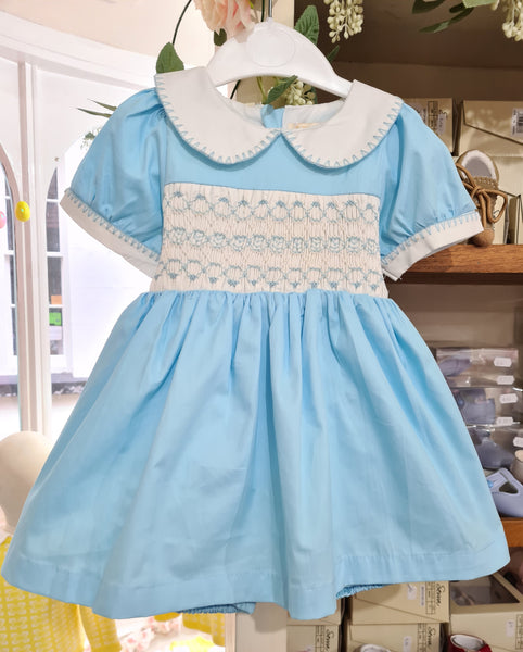 Traditional Baby Girls Blue Hand Smocked Dress & Bloomers - 12m