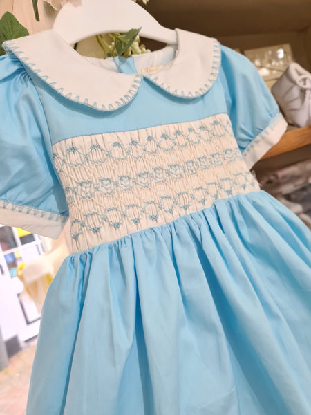 Traditional Baby Girls Blue Hand Smocked Dress & Bloomers - 12m