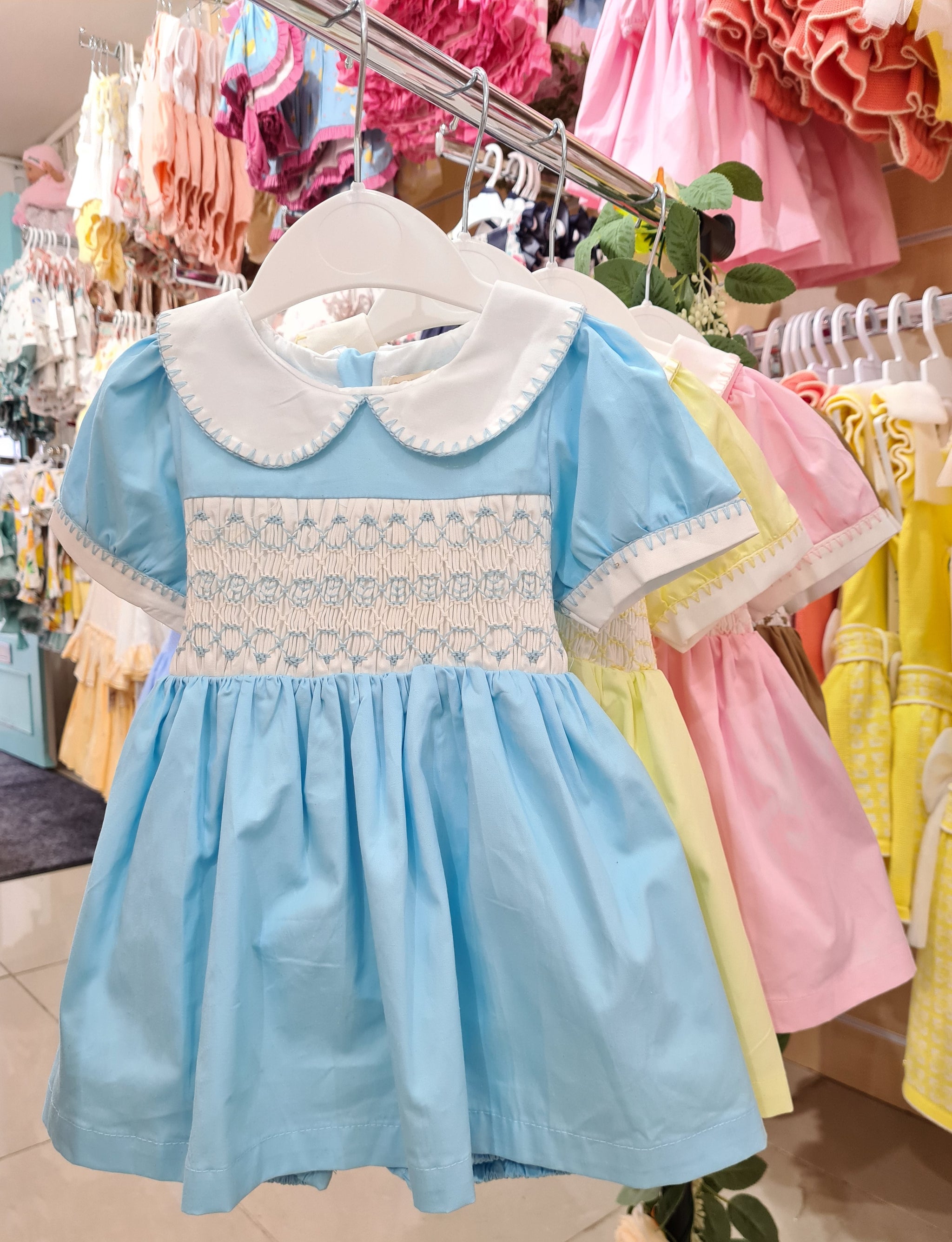 Traditional Baby Girls Blue Hand Smocked Dress Bloomers 12m