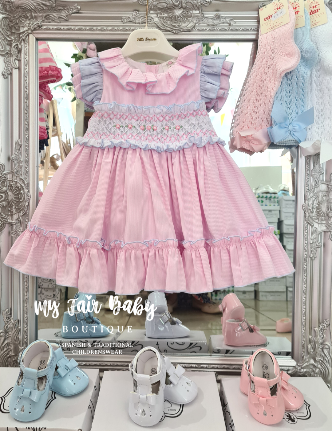Wee Me Baby Girls Blue & Pink Smocked Puffball Style Dress - 0-6m