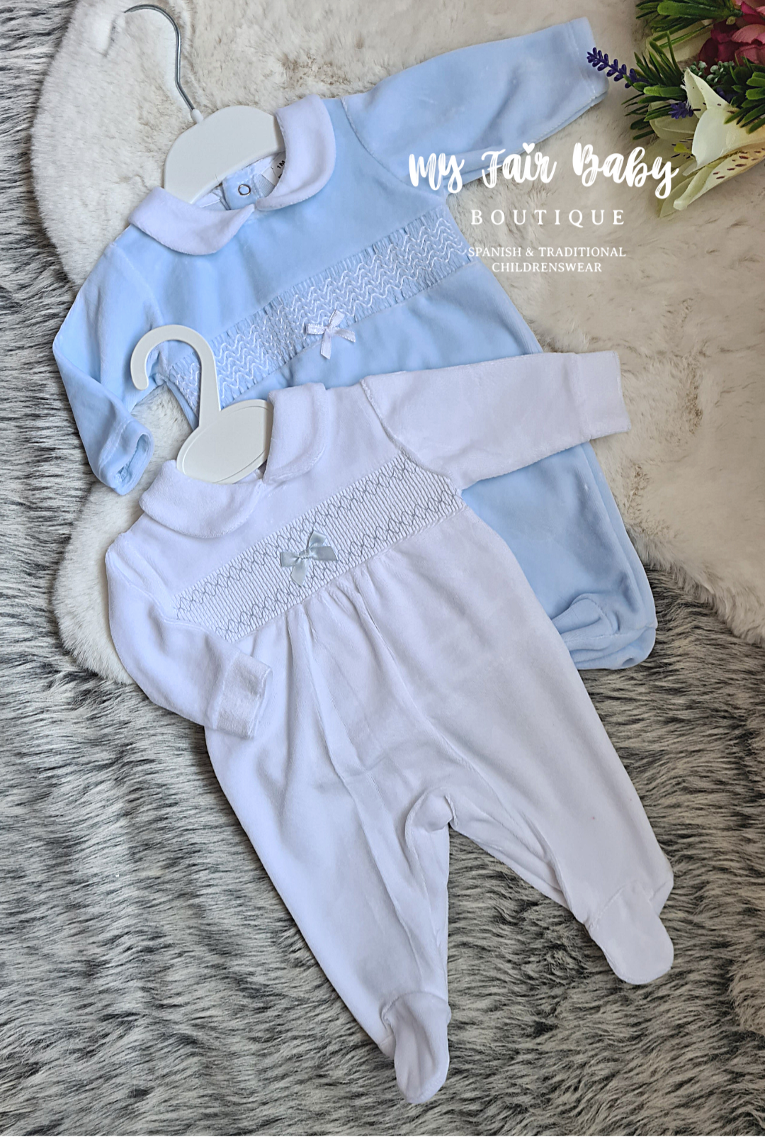 Spanish Baby Boys Blue & White Smocked Velour Sleepsuits