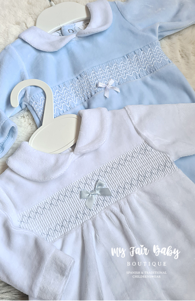 Spanish Baby Boys Blue & White Smocked Velour Sleepsuits