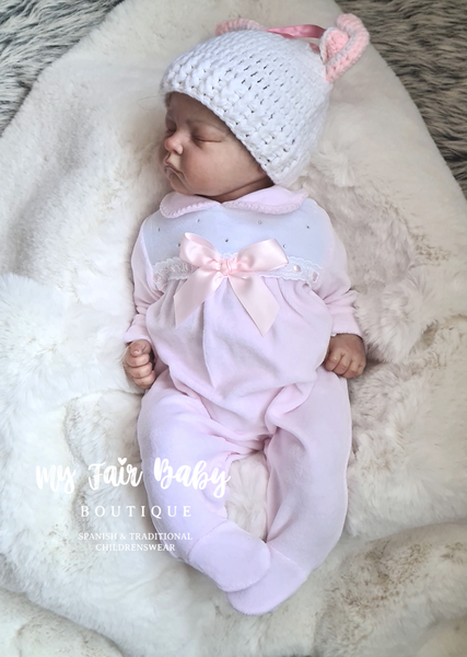 Spanish Baby Girls Bow & Diamante Velour Sleepsuits ~ Pink & White