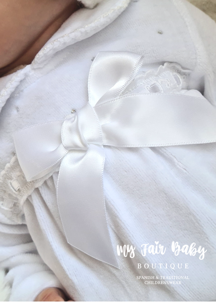 Spanish Baby Girls Bow & Diamante Velour Sleepsuits ~ Pink & White