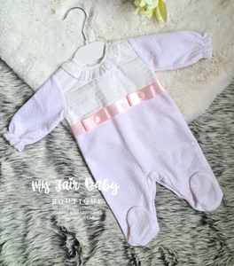 Spanish Baby Girls Pink Ribbon Velour Sleepsuit/Babygrow