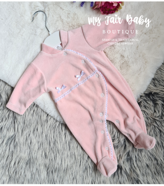 Spanish Baby Girls Dusky Pink Velour Sleepsuit/Babygrow