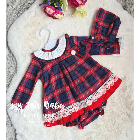 Spanish BabyFerr Baby Girls Navy & Red Tartan Dress Set - 3,12m