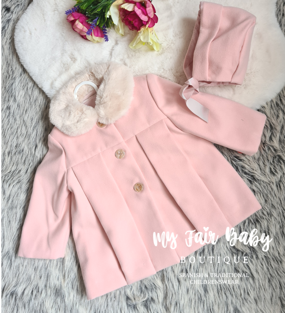 Spanish Baby Girls Pink Pleated Coat & Bonnet ~ 24m