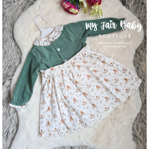 Spanish AW22 Baby Girls Green Teddy Bear Dress - 36m - NON RETURNABLE