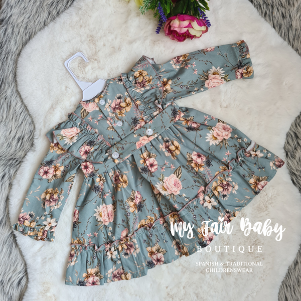 Spanish AW22 Baby Girls Vintage Green Floral Dress - 12m