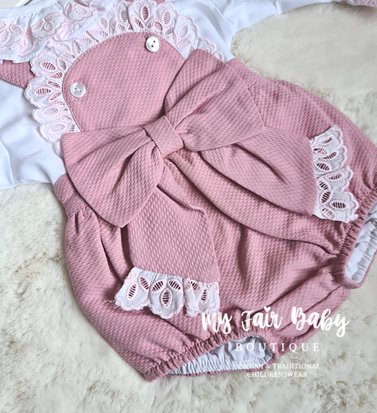 Spanish Baby Girls Dusky Pink Bow Romper - 18,24m