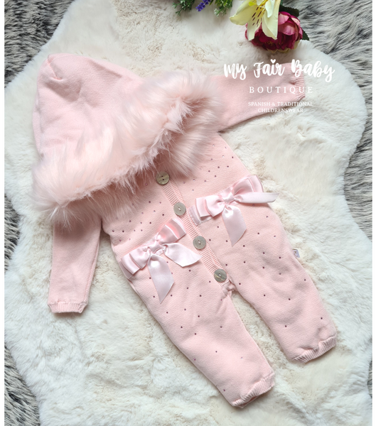 Caramelo Kids AW22 Baby Girls Pink Diamantè Bow Snowsuit - 18-24m