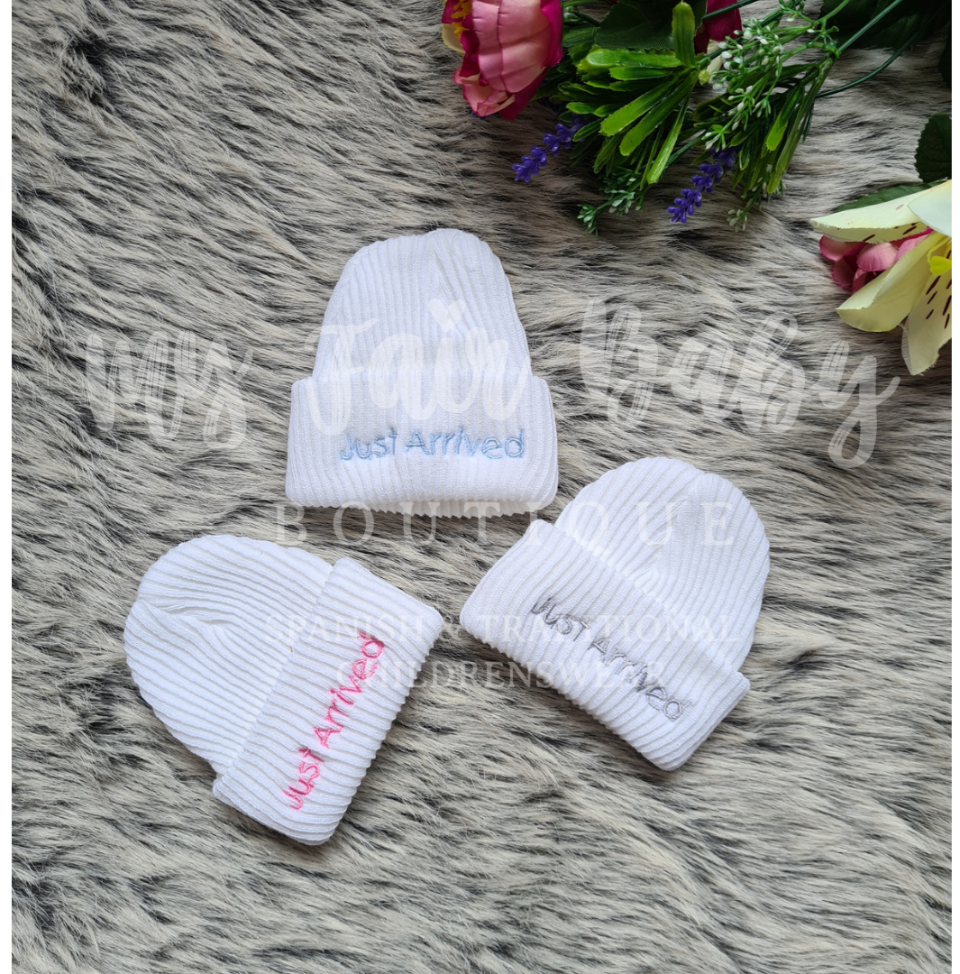 Newborn Baby 'Just Arrived' Knitted Hats - 3 Colours