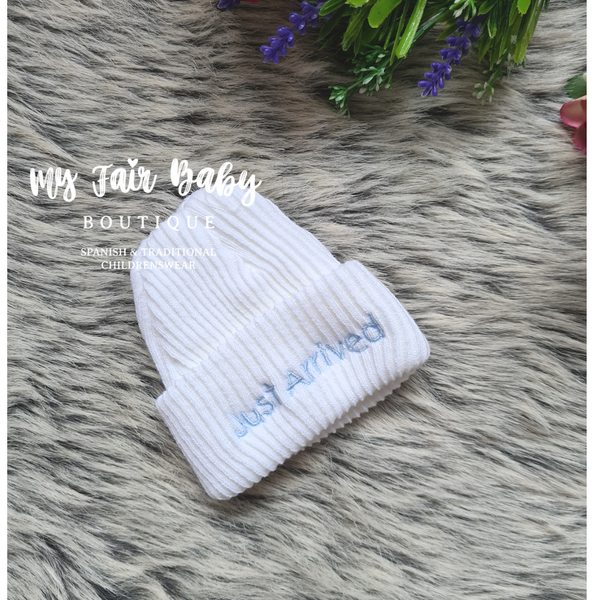 Newborn Baby 'Just Arrived' Knitted Hats - 3 Colours