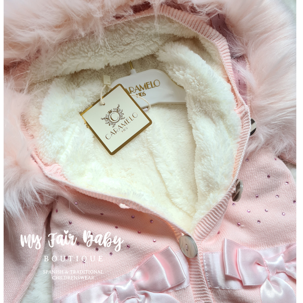 Caramelo Kids AW22 Baby Girls Pink Diamantè Bow Snowsuit - 18-24m