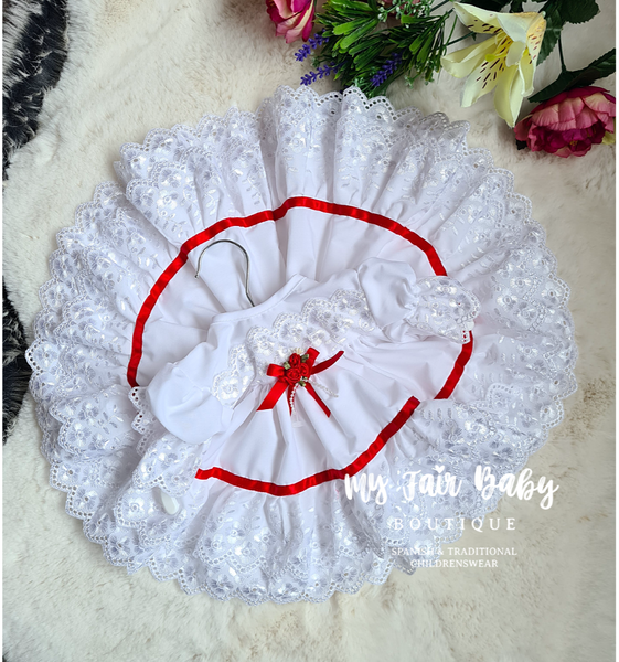 Traditional Baby Girls White & Red Frilly Dress - NEWBORN
