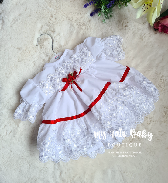 Traditional Baby Girls White & Red Frilly Dress