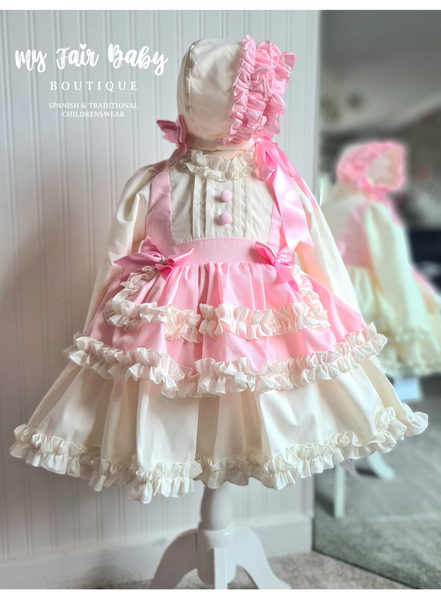Spanish Handmade Girls Pink & Cream Eliza Puffball Dress ~ 5 & 6y