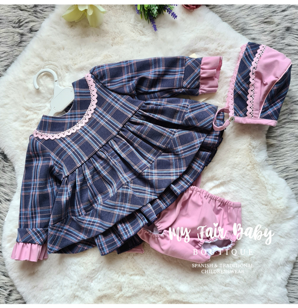 DBB Collection AW22 Baby Girls Pink Tartan Dress Set 11801 ~ 6-24m