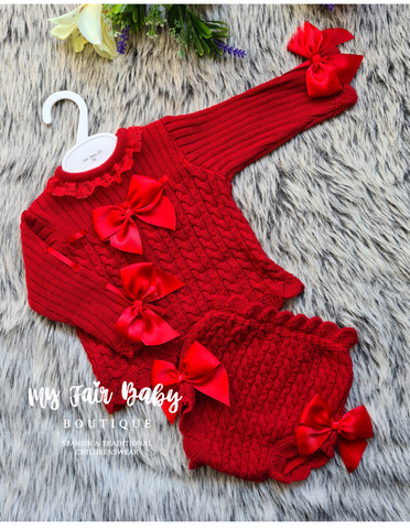 Spanish Baby Girls Red Knitted Ribbon Slot Jam Pant Set - 6m