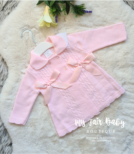 Traditional Baby Girls Pink Knitted Longline Bow Cardigan - 3-6m