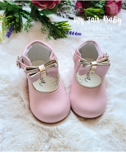 Spanish Style Girls Pink/Gold Bow Walking Shoes