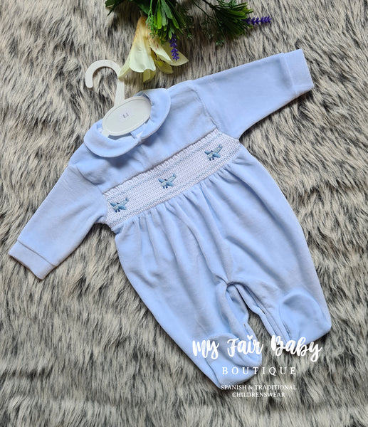Traditional Baby Boys Blue Plane Velour Sleepsuit/Babygrow