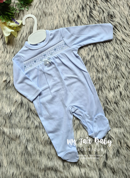 Traditional Baby Boys Blue Smocked Cotton Sleepsuit/Babygrow - 3m