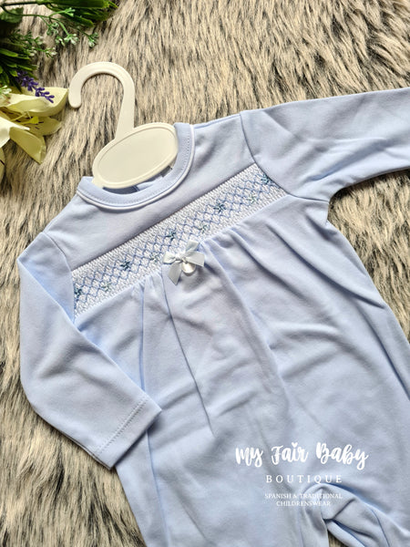 Traditional Baby Boys Blue Smocked Cotton Sleepsuit/Babygrow - 3m