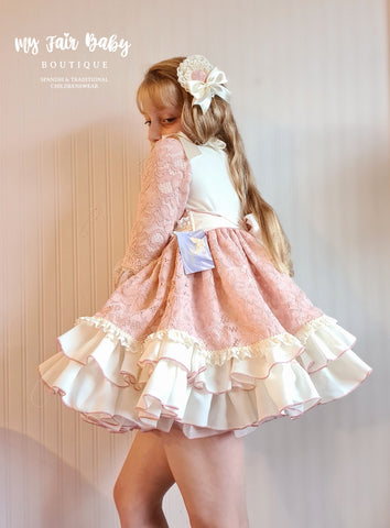 Spanish Handmade Luxury Pink & Cream Lace Puffball Dress