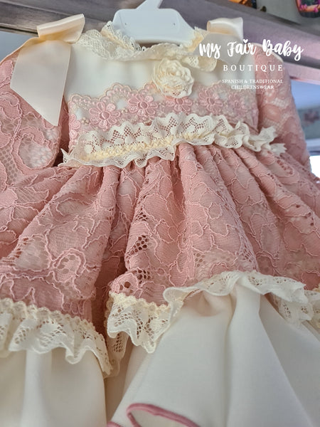 Spanish Handmade Luxury Pink & Cream Lace Puffball Dress - 2y NON RETURNABLE