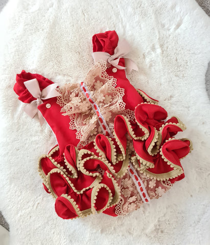 Ela Confeccion AW22 Spanish Girls Red & Gold Lace Romper ~ MADE TO ORDER