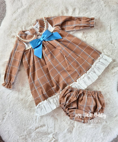 Spanish AW22 Baby Girls Brown Check Dress & Pants