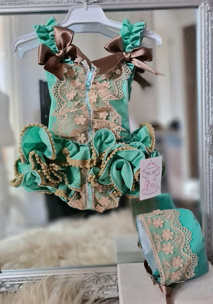 Ela Confeccion AW22 Spanish Girls Green & Gold Lace Romper ~ MADE TO ORDER