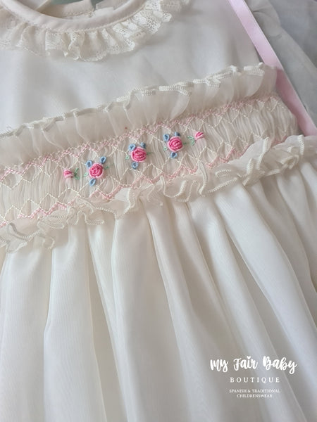 Sonata Cream & Pink Organza Smocked Puffball Dress - MADE TO ORDER